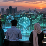 Pakistani professionals working with an artificial intelligence network over Islamabad