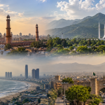 Pakistan weather forecast collage showing Lahore, Karachi, Islamabad and Peshawar