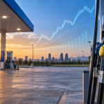 Petrol station fuel nozzles and market chart for Pakistan fuel prices
